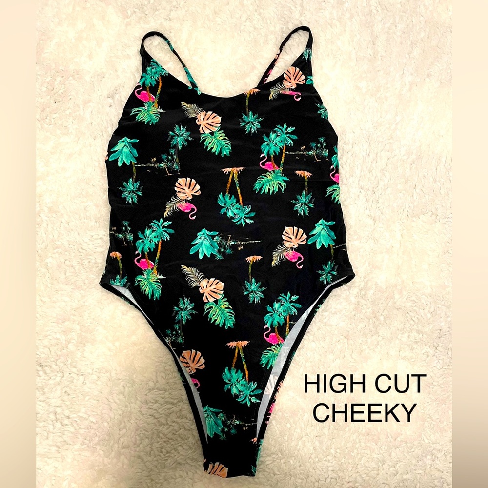 Cupshe black flamingo & palm print one piece